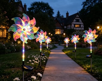Packung mit zwei Solar Bunte LED Windrad Pfahl Lichter | Outdoor Garten Hof Terrasse Dekor | Einweihungsgeschenk für Gartenliebhaber