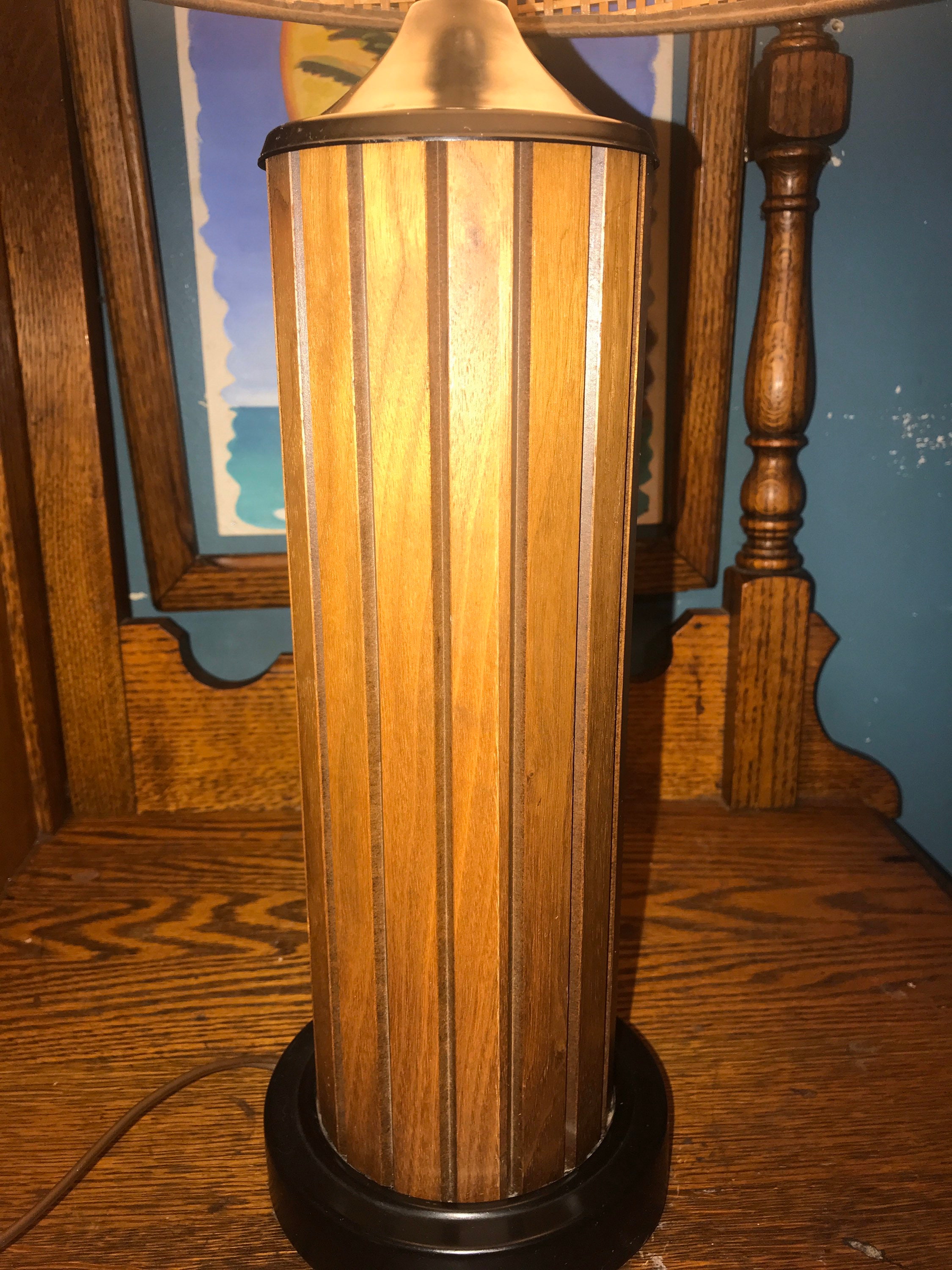 Vintage TeaK Wood Table Lamp. Teak Wood Table Lamp With Rattan and Fiberglass Double Shade. MCM