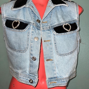 Vintage 1990’s Jean Vest, With Hearts and Rhinestones, Size Small