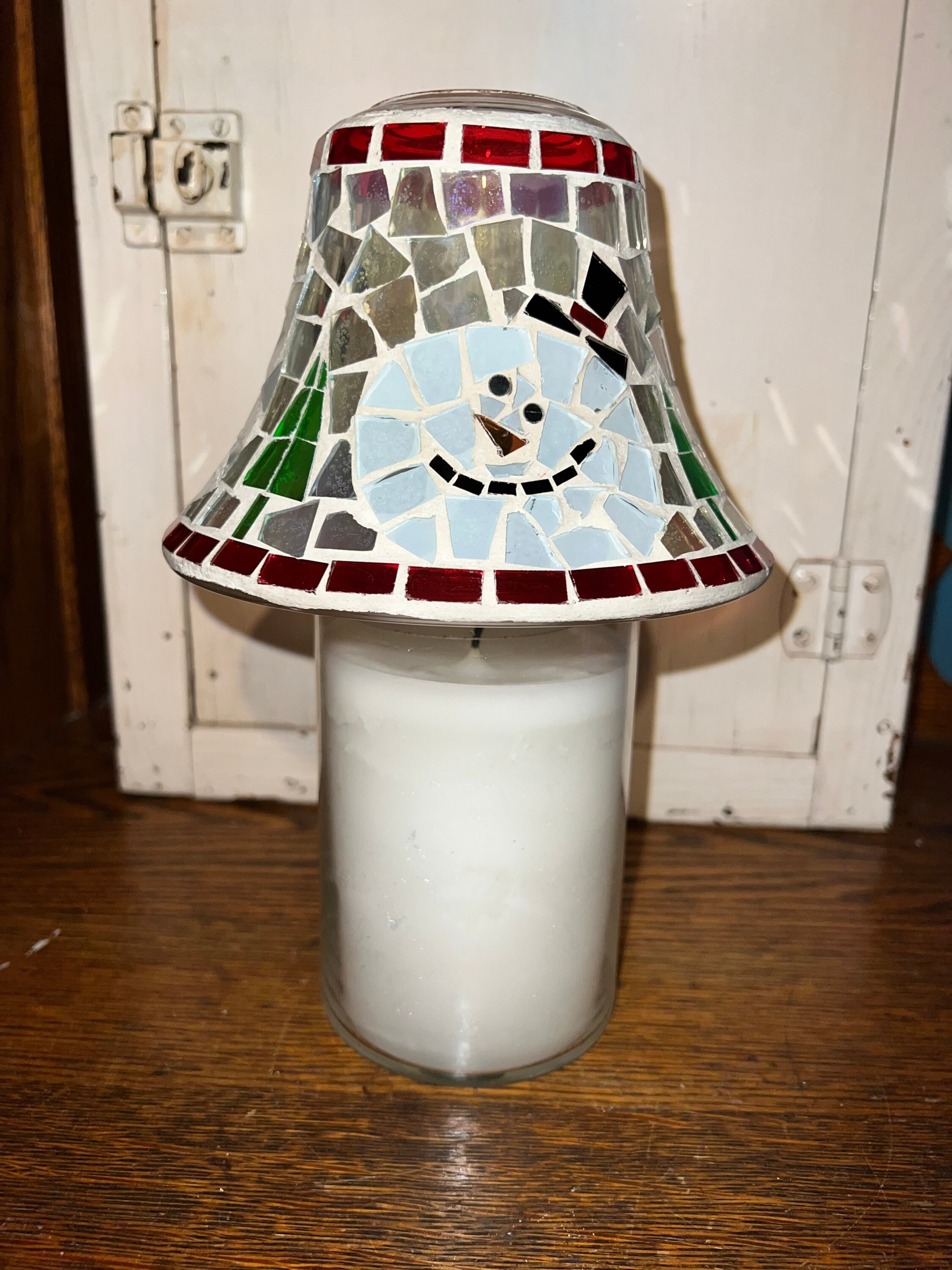Vintage Christmas Candle Topper. Mosaic Snowman Candle Topper