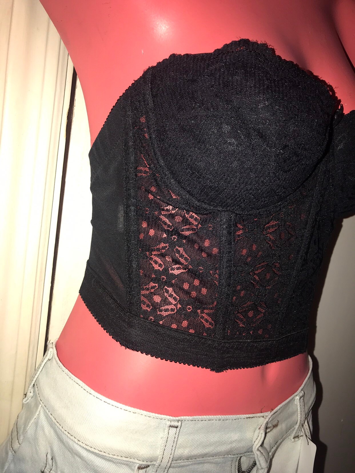Vintage Black Corset Bra. Black Lace Strapless Bra. 1990's Black Boned