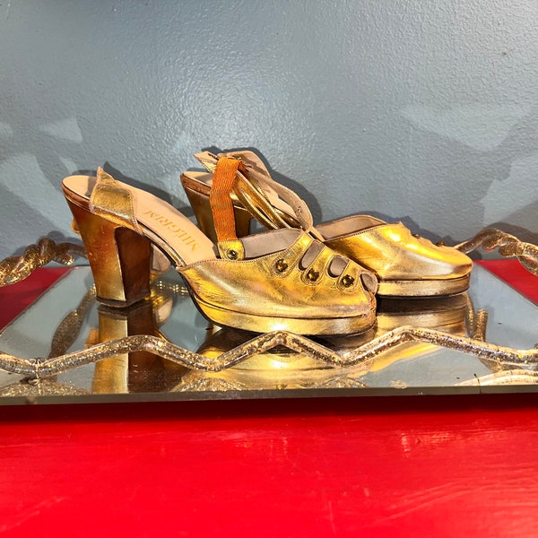 Vintage 1960’s Gold Disco Heels . Metallic Gold Strappy Platform Heels. Gold Strap Dancing Shoes With Rhinestones, Size 5 1/2