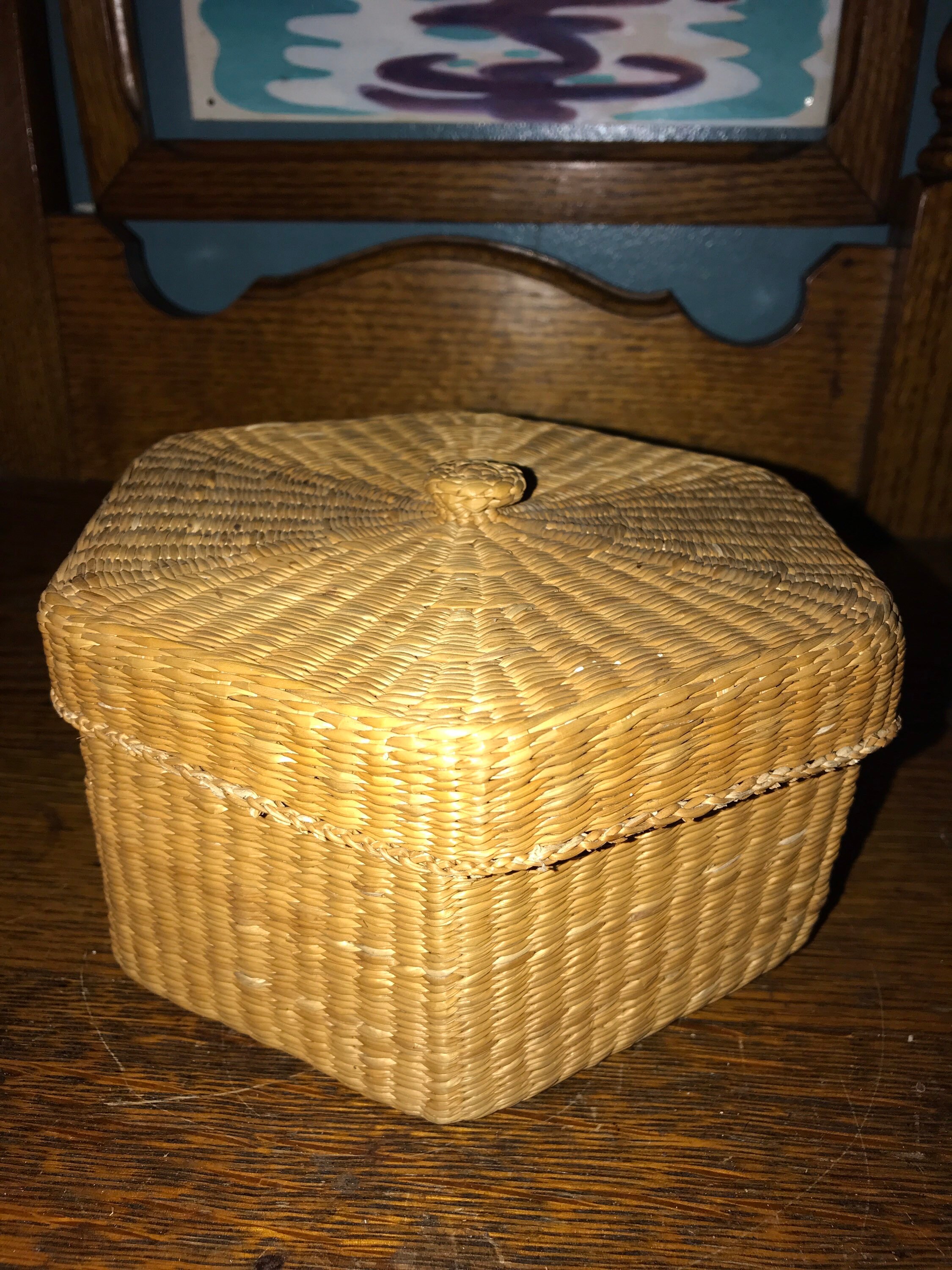 Vintage Small Woven Basket With Lid. Bohemian Woven Basket. Small