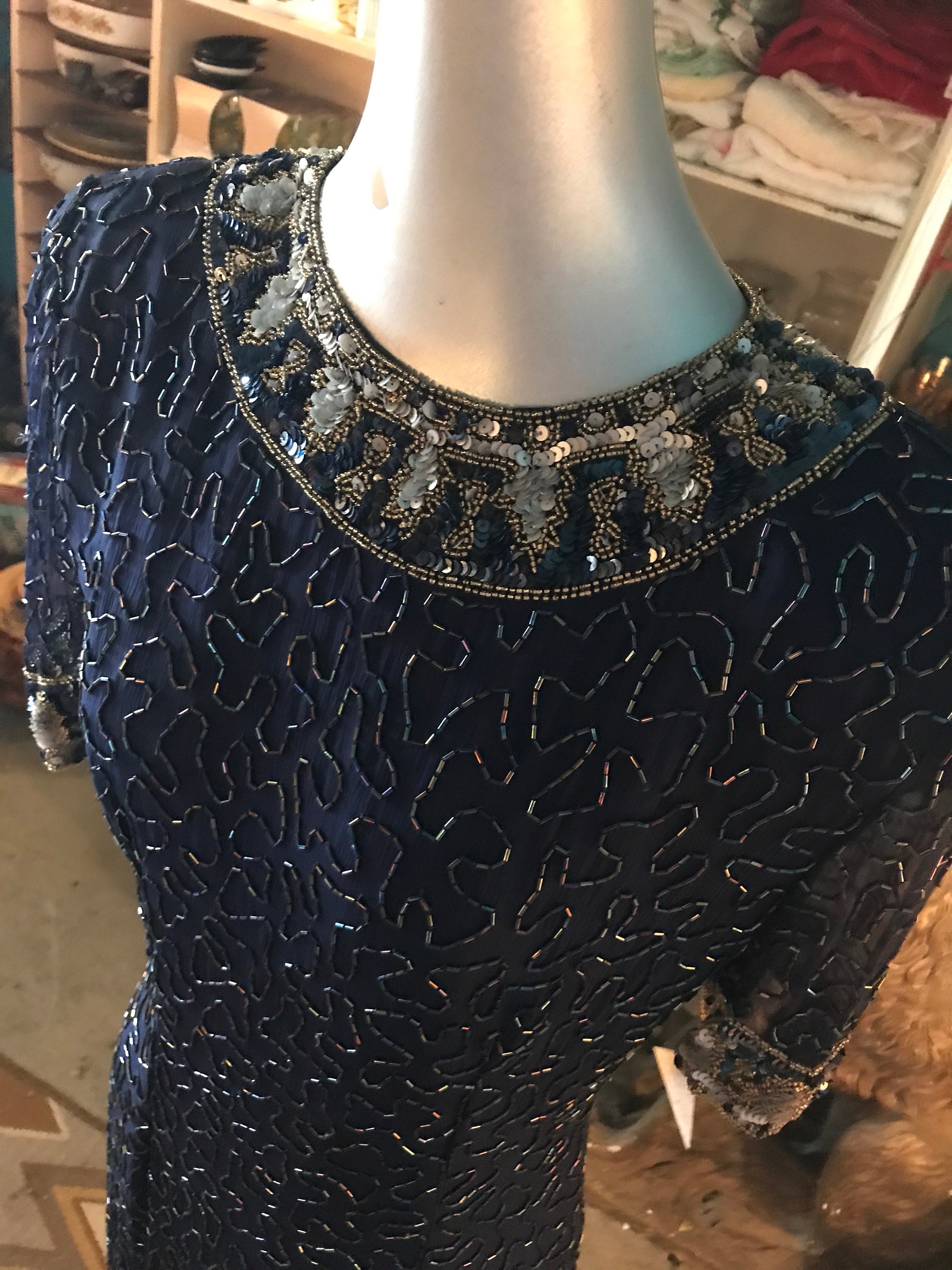 Vintage Laurence Kazar Beaded Dress. Beaded Sequin Dress. Silk Beaded