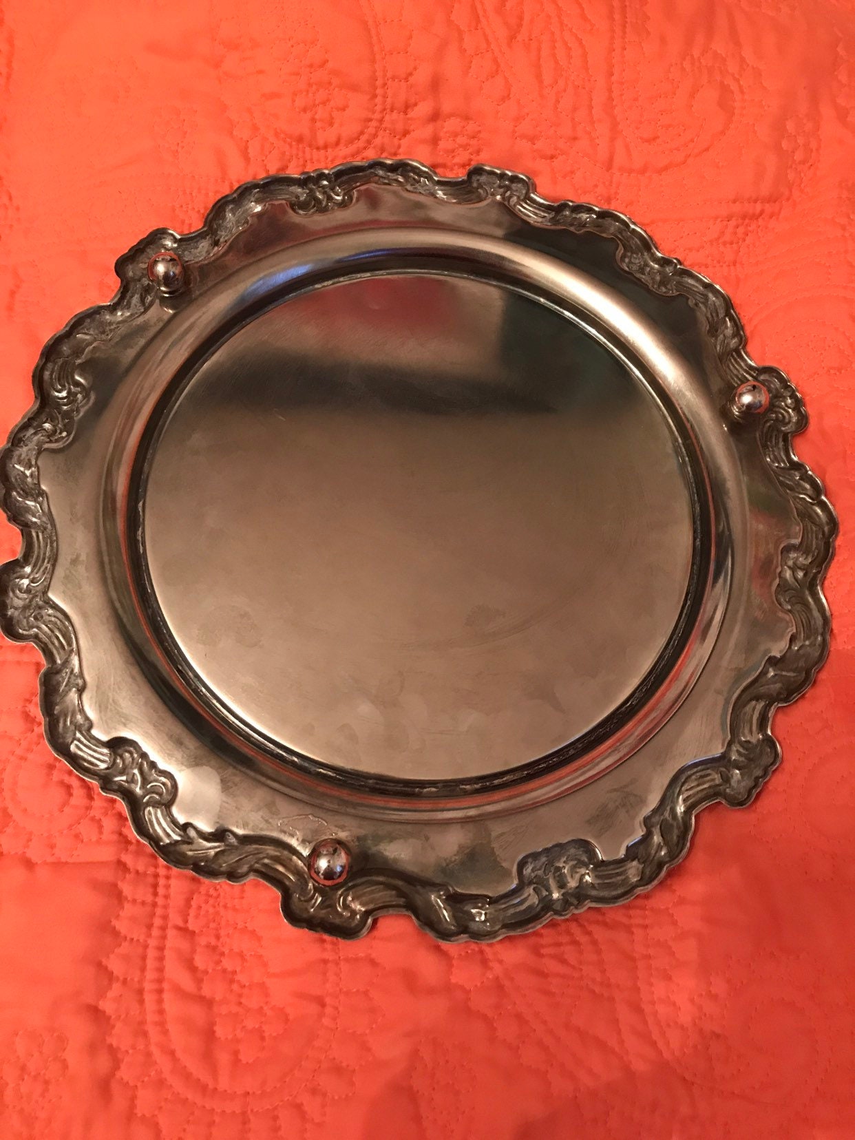 Vintage Mirror Tray. Round Silver Plate Mirror Tray. Silver Footed