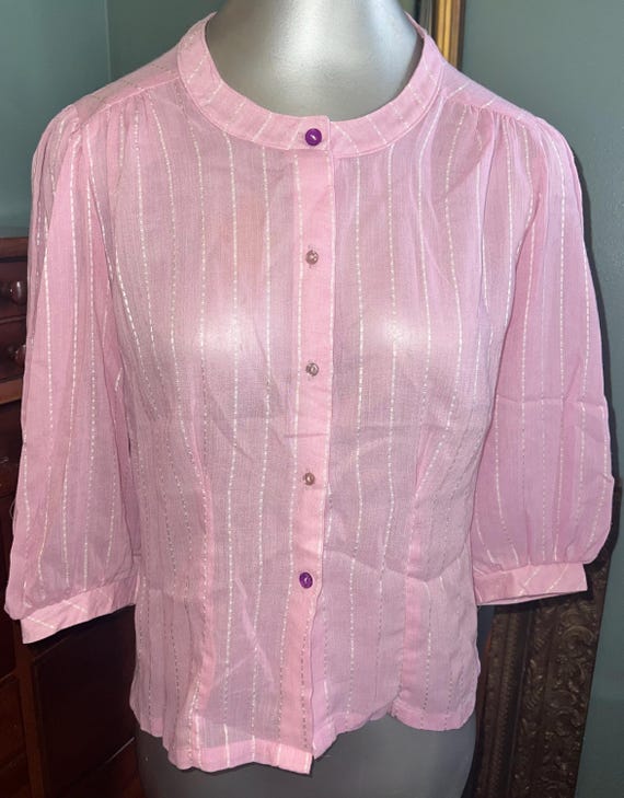 Vintage 1970’s Pink With White Stripes Sheer Blouse, Size Small