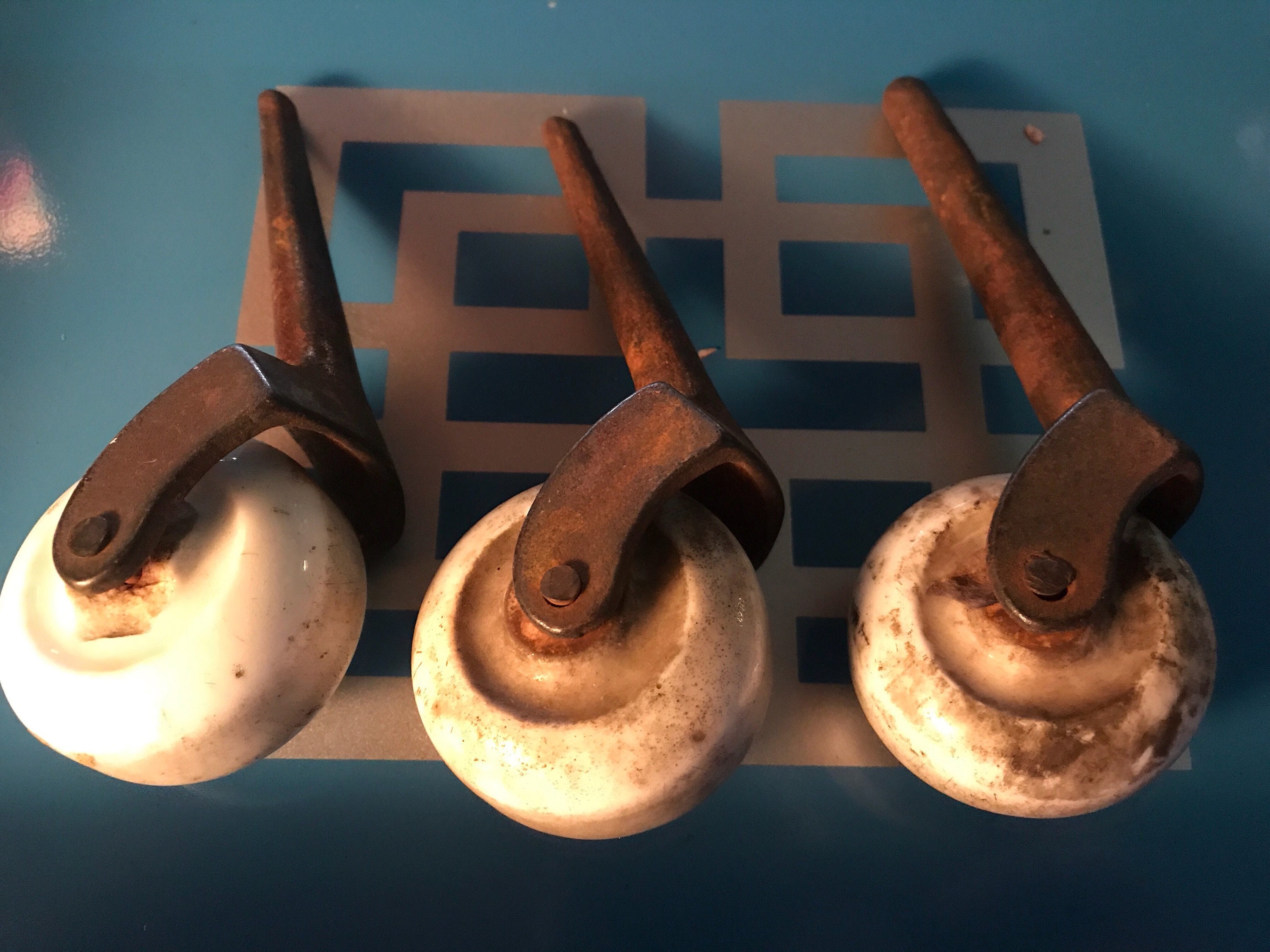 Vintage Lot of 3 Ceramic Caster Wheels. Ceramic Caster Furniture Wheels