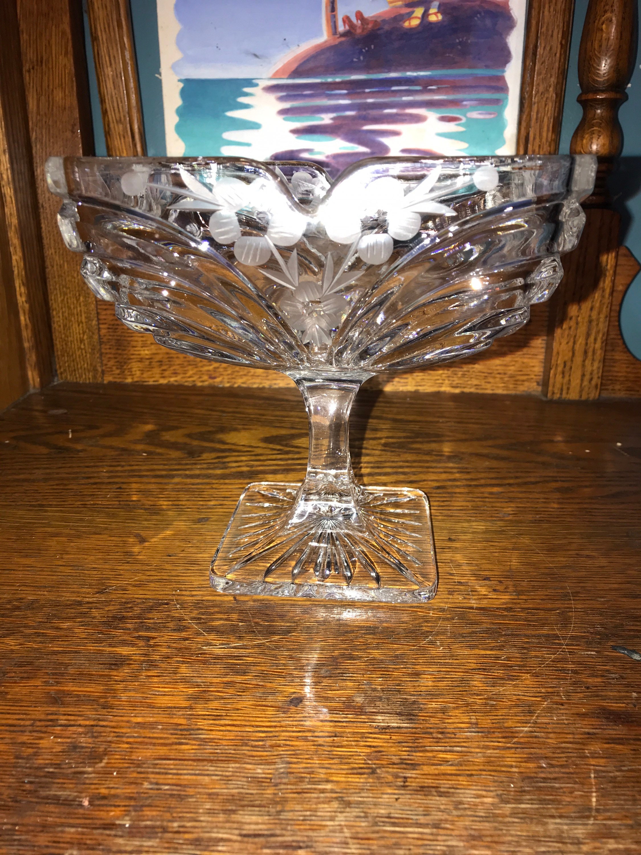 Vintage Crystal Glass Compote Dish. Floral Etched Crystal/Glass Candy