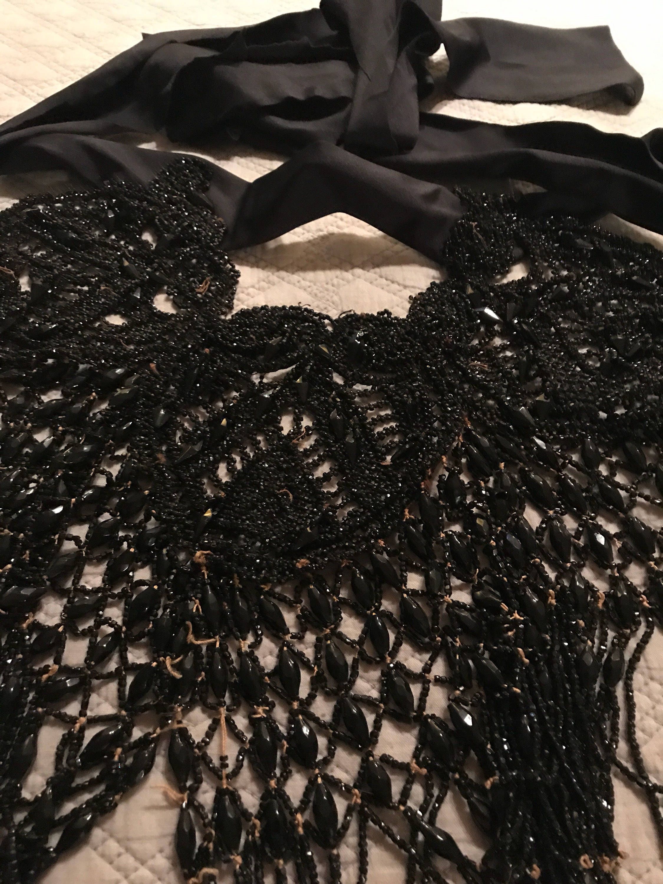Vintage Beaded Applique. Black Beaded Bodice embellishment. Black