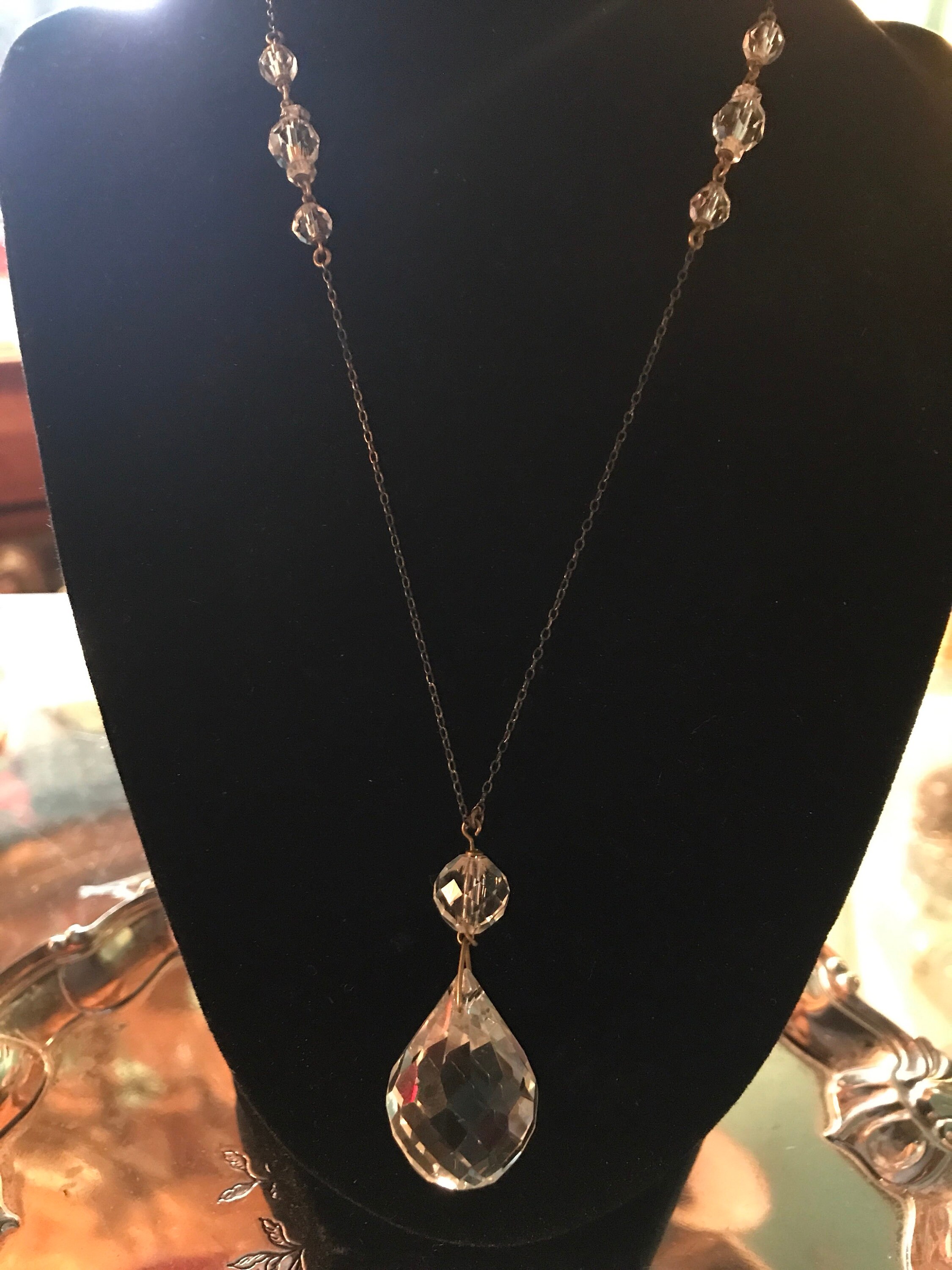 Vintage Art Deco Crystal Necklace. Large Crystal Tear Drop Necklace. Vintage Crystal
