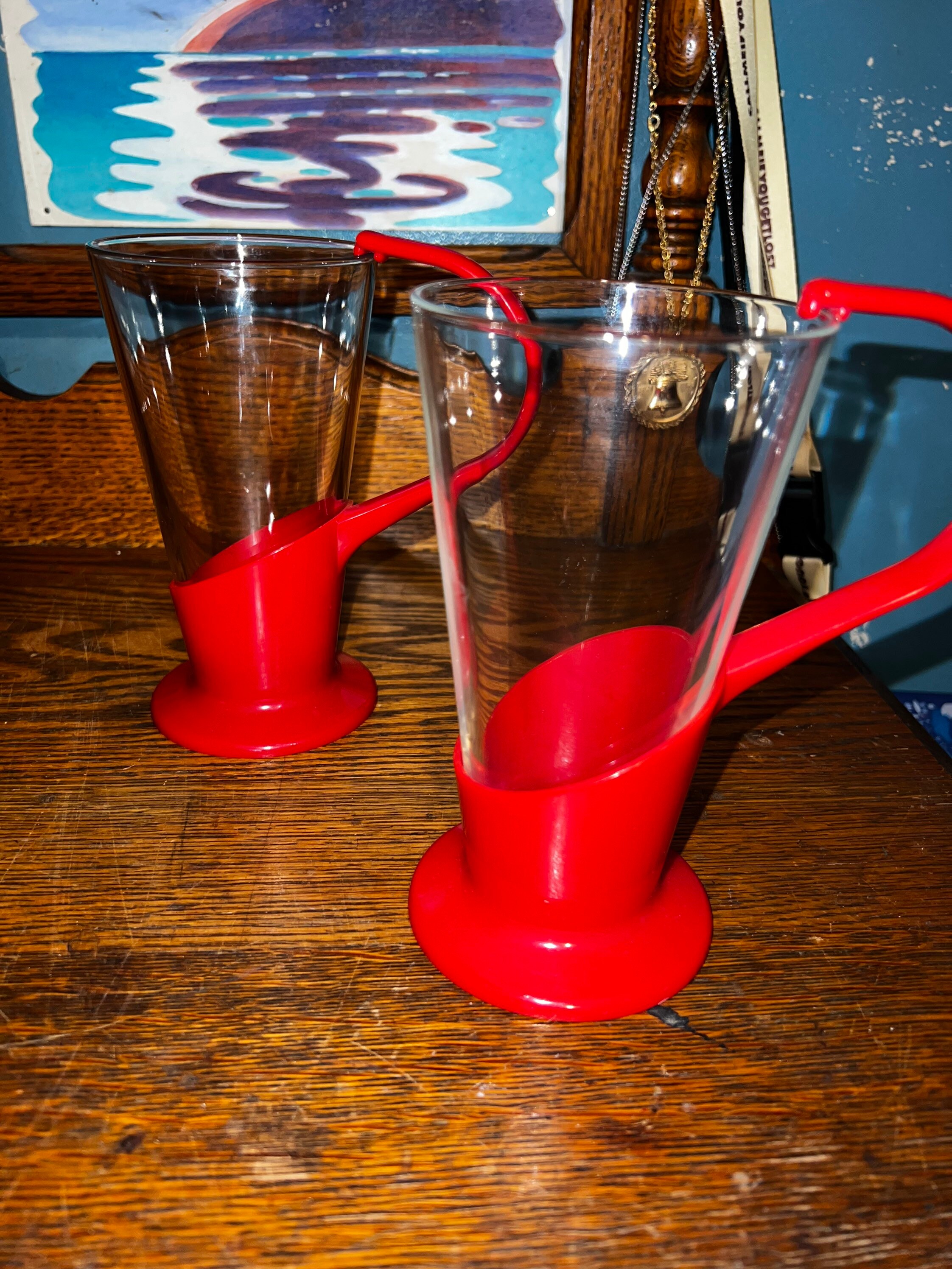Vintage 1960’s Snap Glasses. Set of Two Red Plastic and Glass Mod