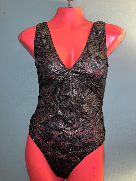 Vintage NWT Metallic Grey Lace Bodysuit, Size Medium