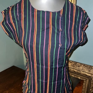 Vintage Women’s 1970’s Blue Sleeveless Striped Shirt. Coloful, EZ Street, CA Size M image 1