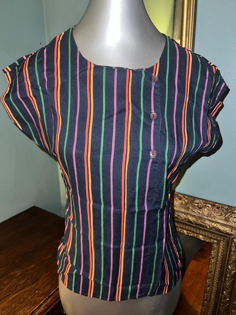 Vintage Women’s 1970’s Blue Sleeveless Striped Shirt. Coloful, EZ Street, CA Size M image 1