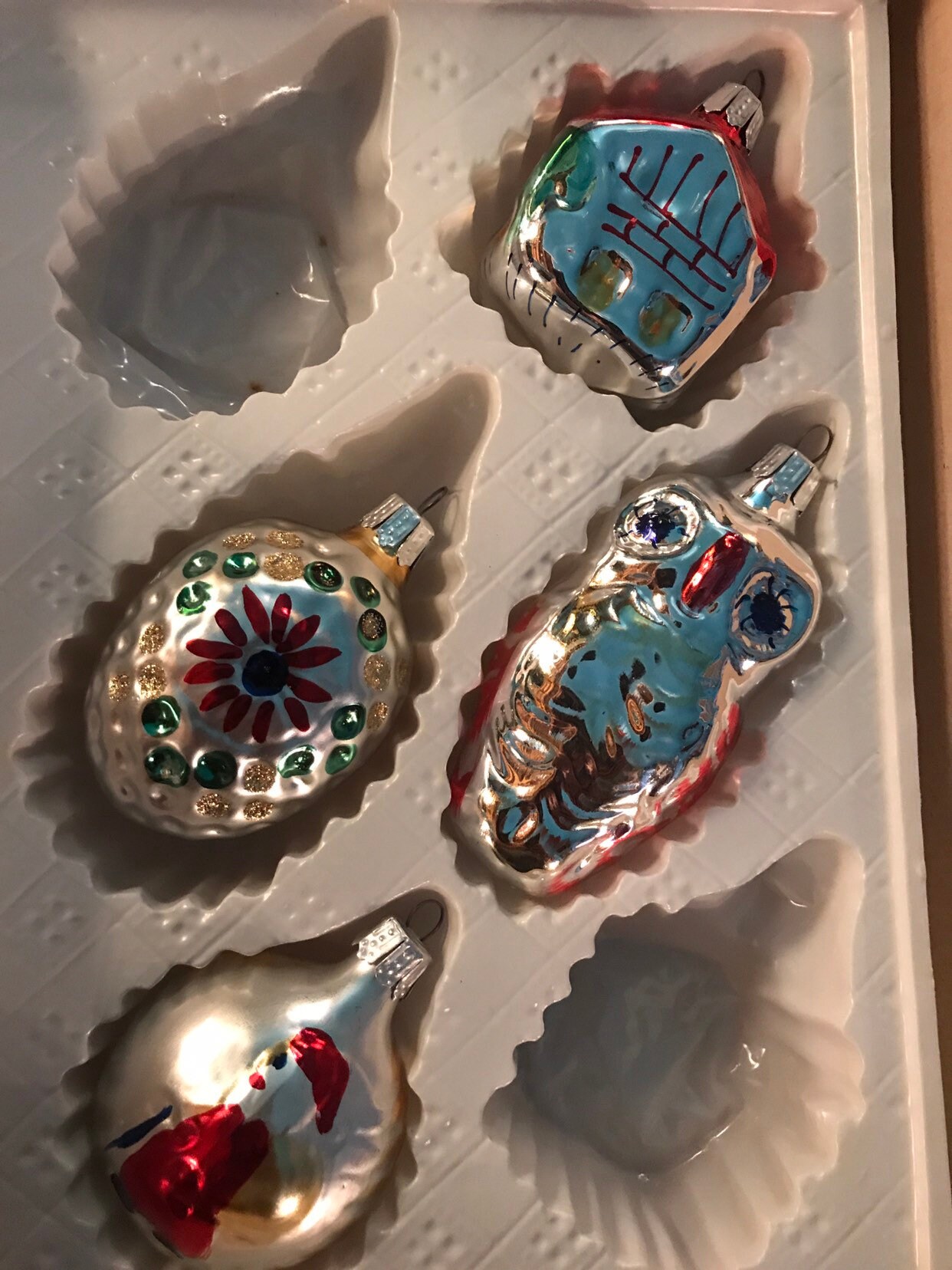 Vintage Glass Ornaments. Hand Decorated Glass Christmas Ornaments. Set