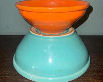 Vintage 1950’s Caliente Pottery Turquoise and Orange Mixing Bowl Set