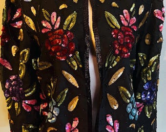 Vintage Black Silk Scala Beaded Sequin Jacket, Size Small