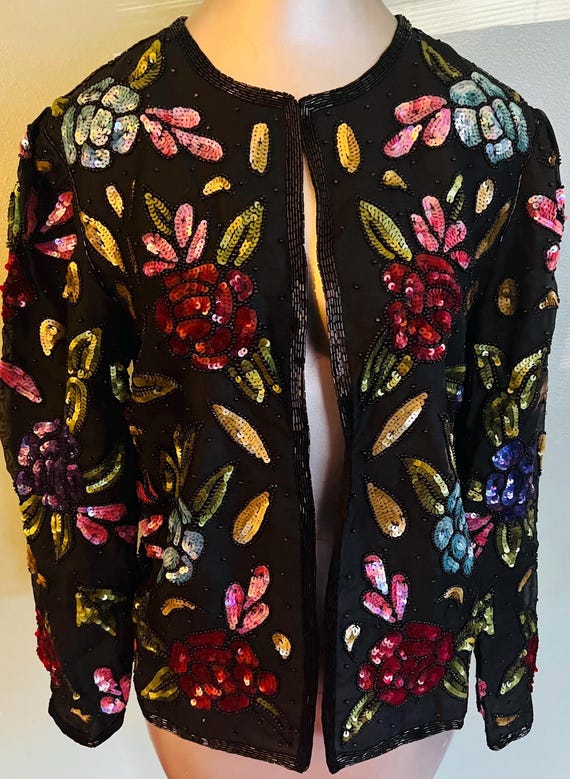 Vintage Black Silk Scala Beaded Sequin Jacket, Size Small