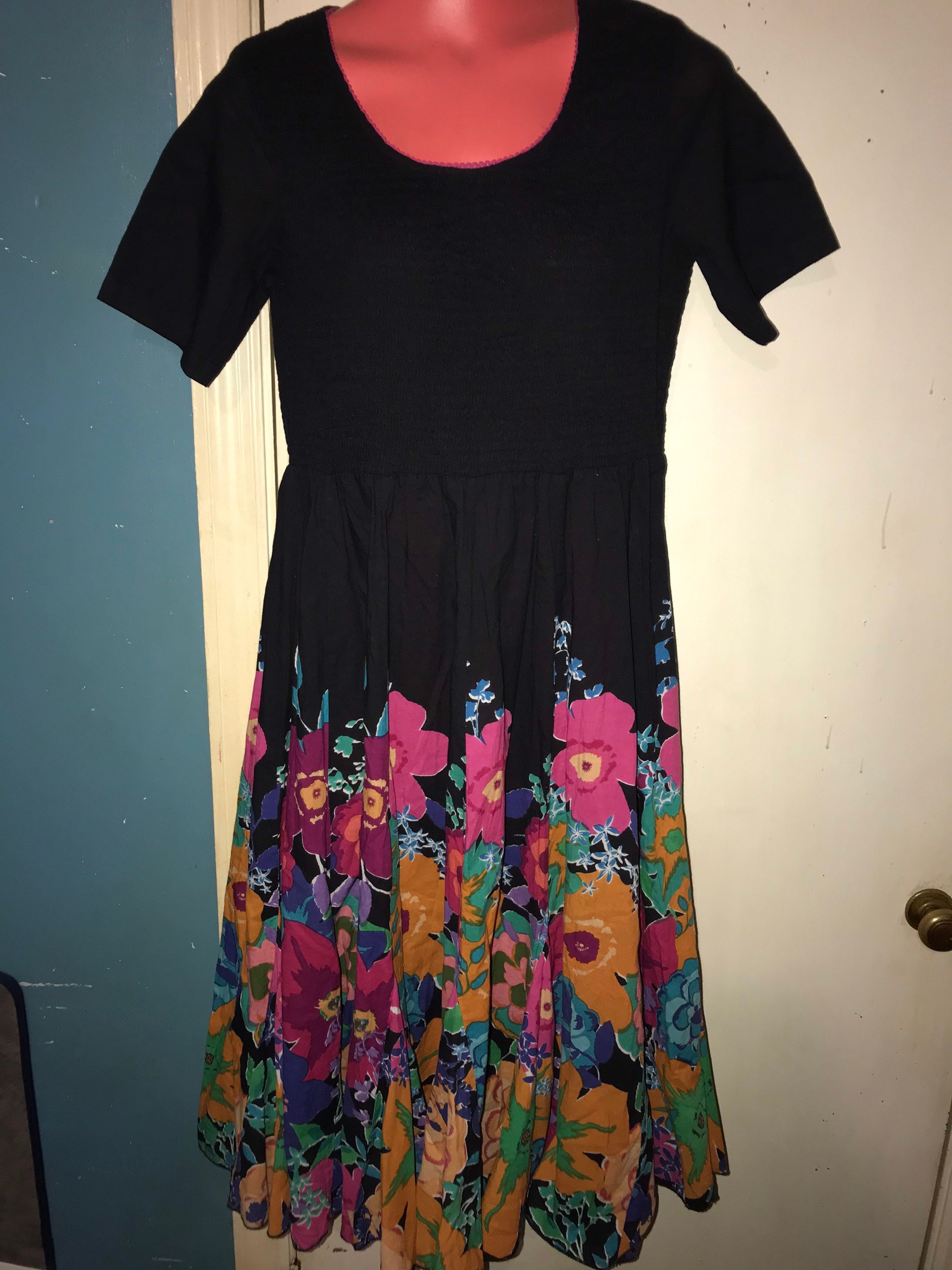 Vintage Long Black Floral Dress. Flowing Floral Skirt Dress. Excellent ...