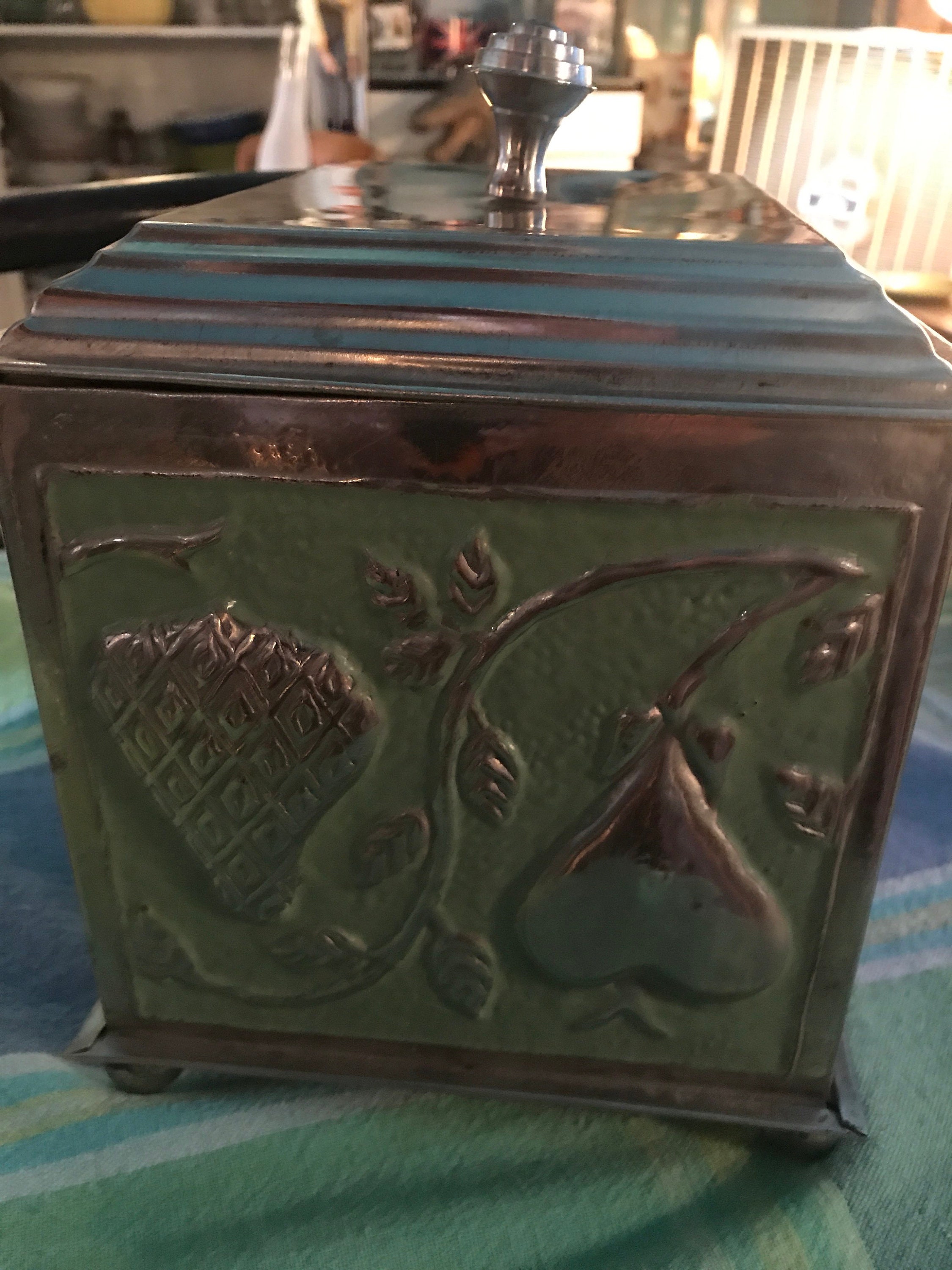 Vintage Metal Box. Metal Box With Fruit Design. Green and Silver Metal
