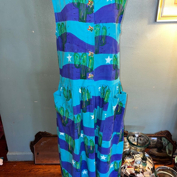 Vintage Southwestern Dress. Portable Art Dress by Robin Brown. Amazing Cactus, Texas Dress. Robin Brown, 1988 Size Small