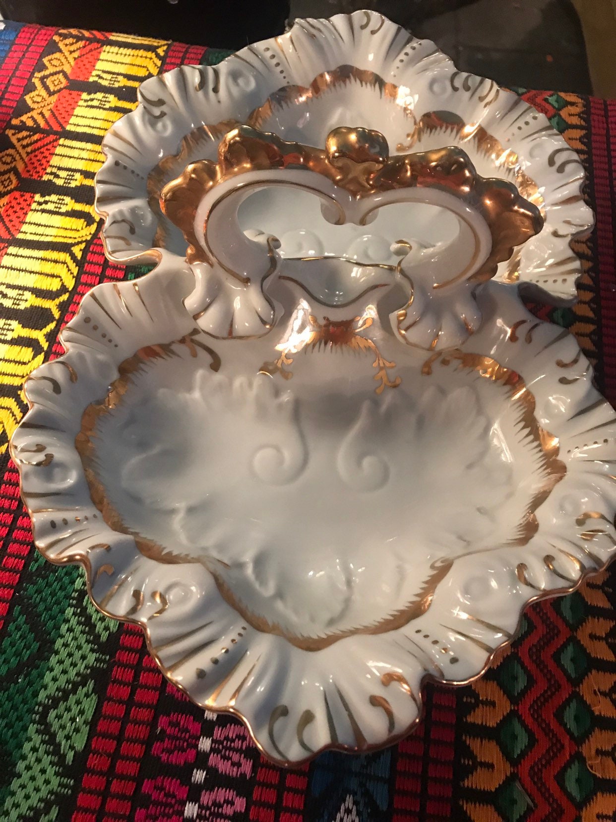 Vintage Porcelain Gold Encrusted Dish. White and Gold Porcelain Divided