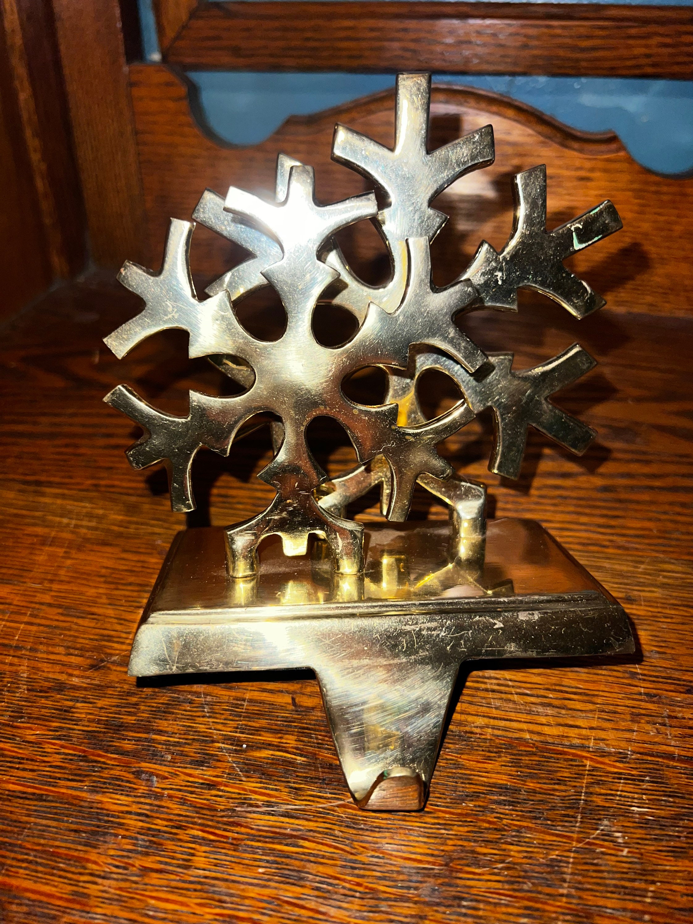 Vintage Gold Stocking Holder. Large Heavy Brass Snowflake Stocking