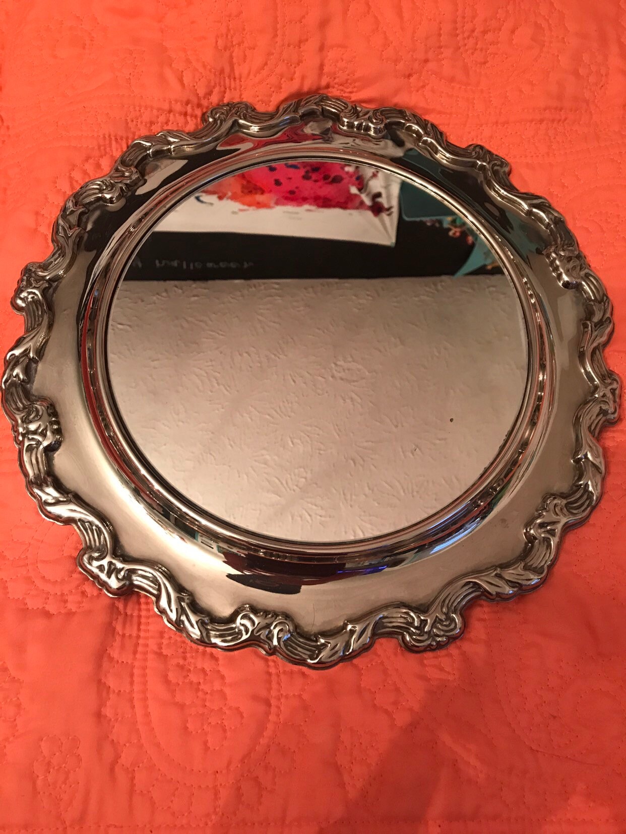 Vintage Mirror Tray. Round Silver Plate Mirror Tray. Silver Footed