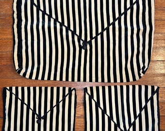 Vintage 1980’s Lingerie Bag Set. Satin Lined Black and Tan Striped Lingerie Bags. Set of Three Striped Lingerie Bags.