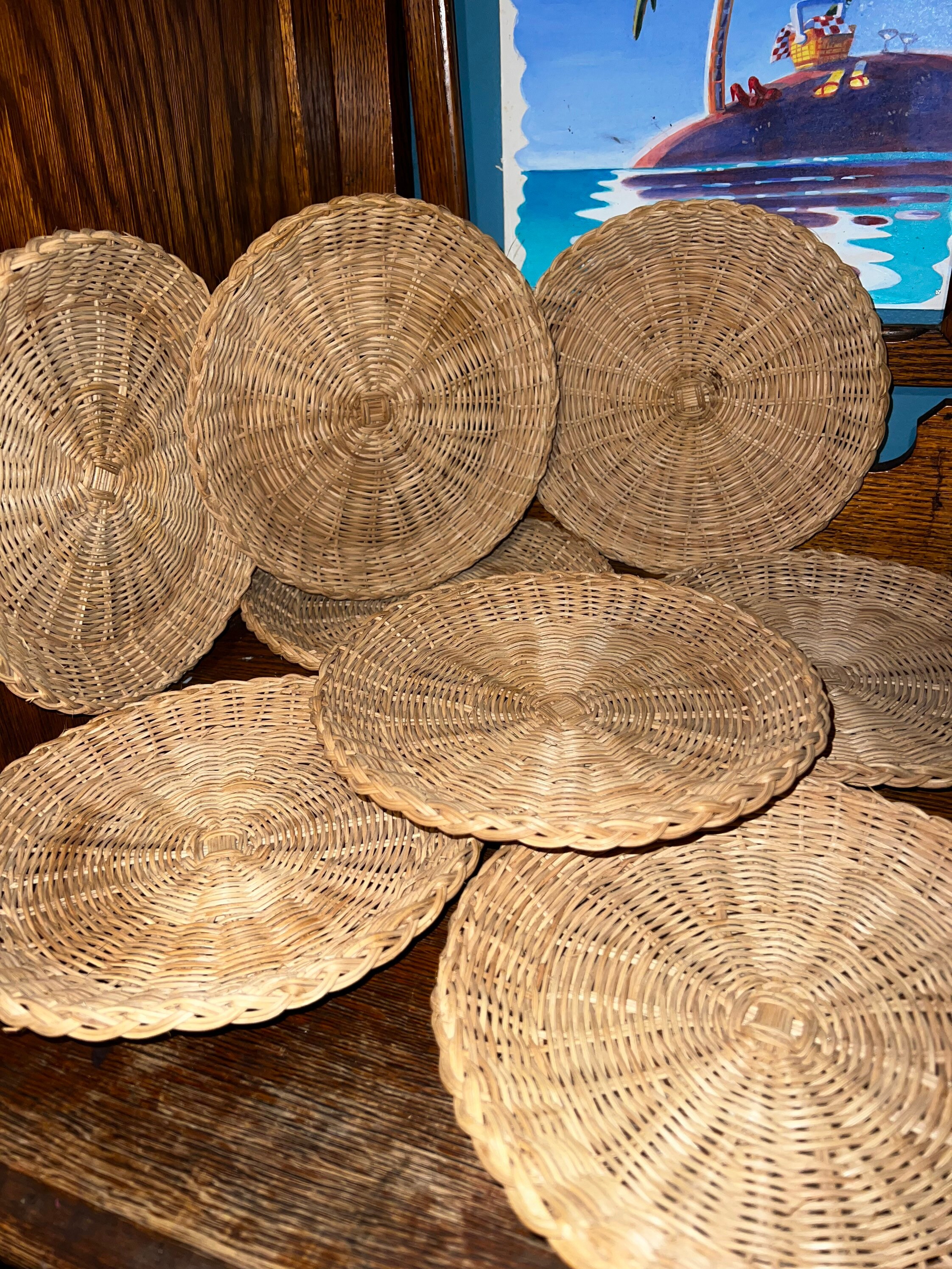 Vintage Wicker Paper Plate Holders. Set of Eight Raw Rattan Paper Plate