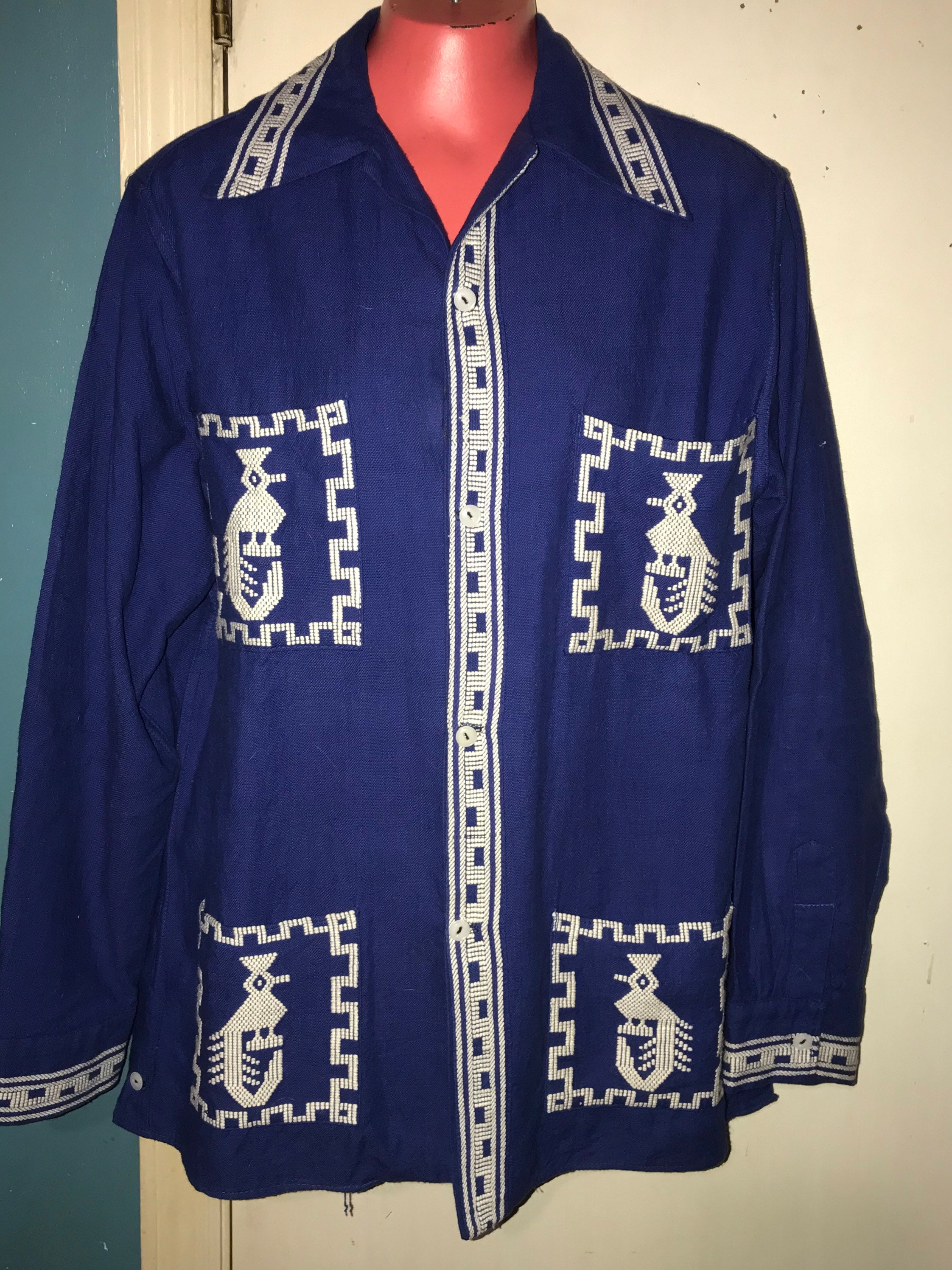 Vintage 1960s Mexican Embroidered Shirt. Mens Bohemian Blue and White ...