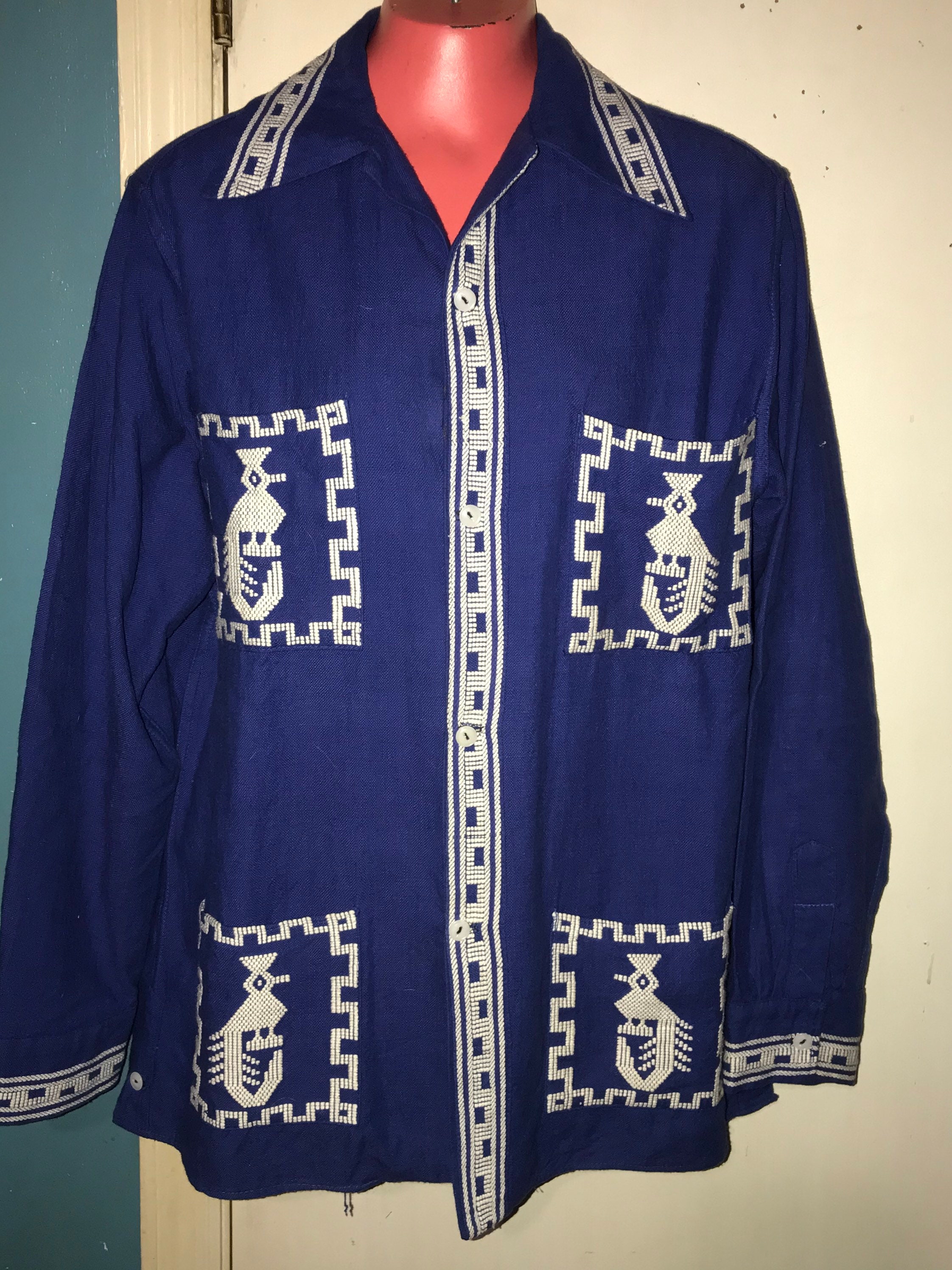 Vintage 1960s Mexican Embroidered Shirt. Mens Bohemian Blue and White
