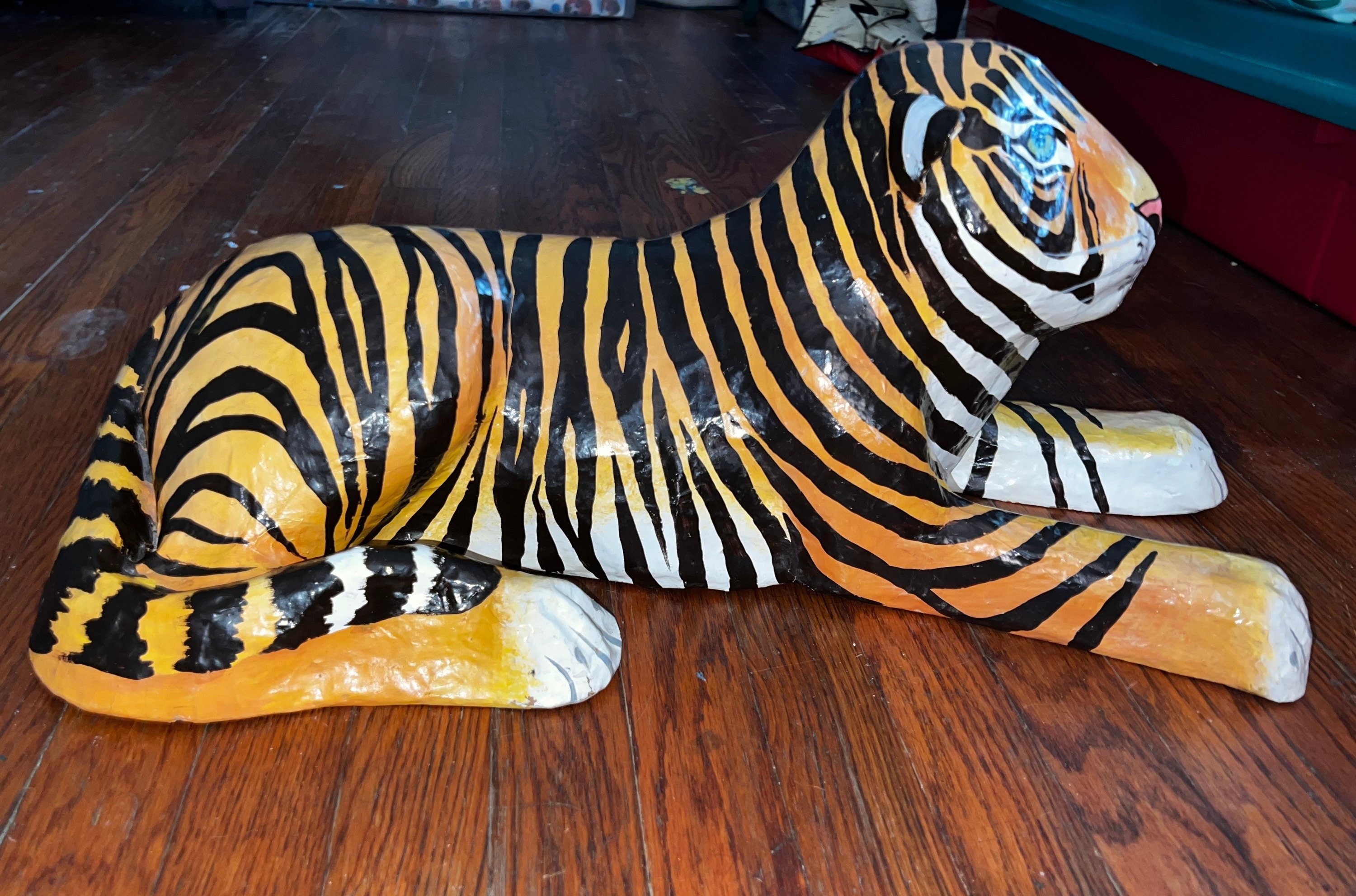 Vintage Paper Mache Tiger. Large Bengal Tiger. Laying Down Tiger, Paper