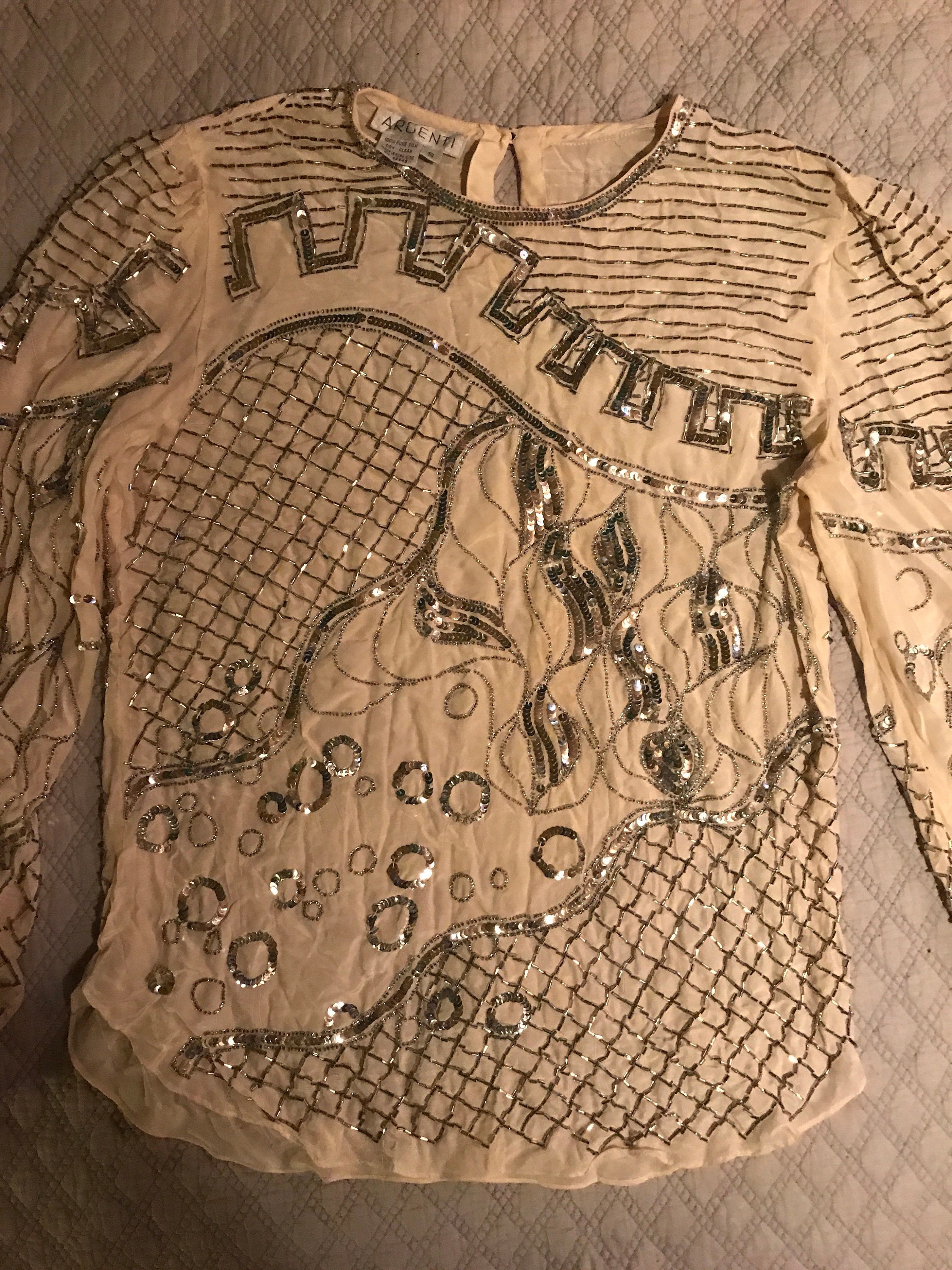 Vintage Sequin Shirt. Sequin Shirt. Vintage White and Silver Beaded