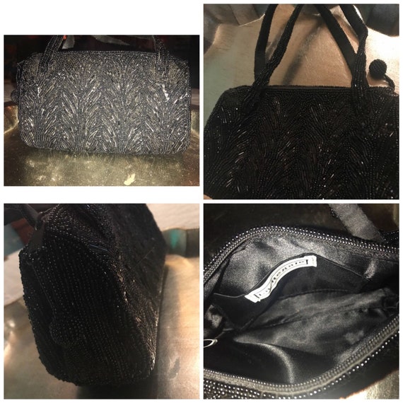 Vintage Black Beaded Evening Bag. Black Beaded Pu… - image 1