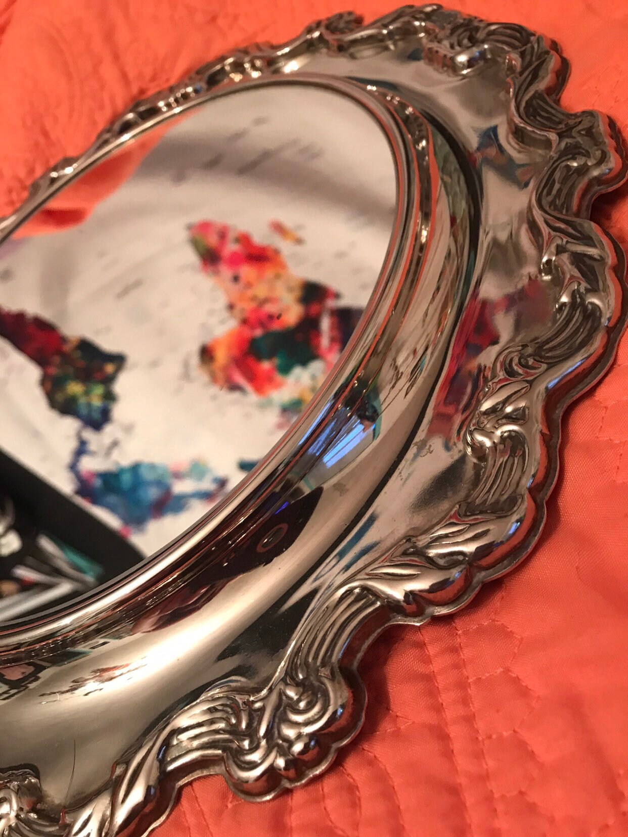 Vintage Mirror Tray. Round Silver Plate Mirror Tray. Silver Footed