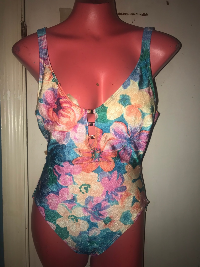 Vintage 1980's Swimsuit. Vintage Colorful Floral Swimsuit. Bathing Suit. 1980's Floral Bathing Suit. Size 12 image 1