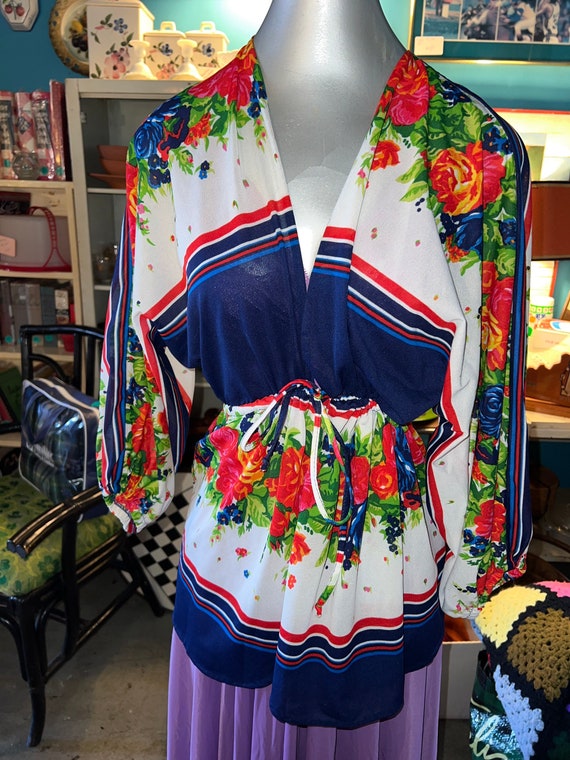 Vintage 1970's Floral Tie Shirt With Puff Sleeves.