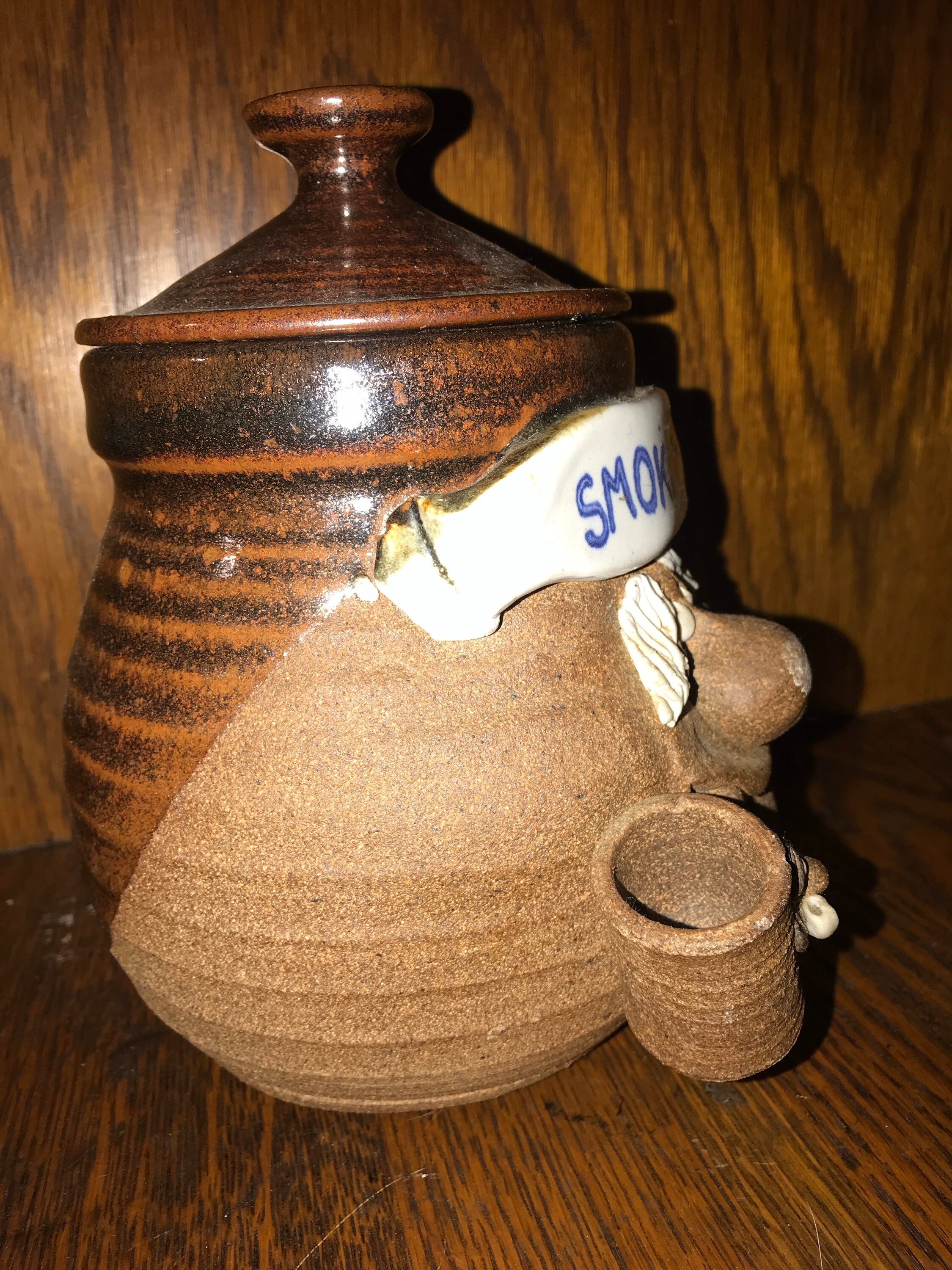 Vintage Stoneware Tobacco Humidor. Stone Handmade Ugly Face Tobacco Jar