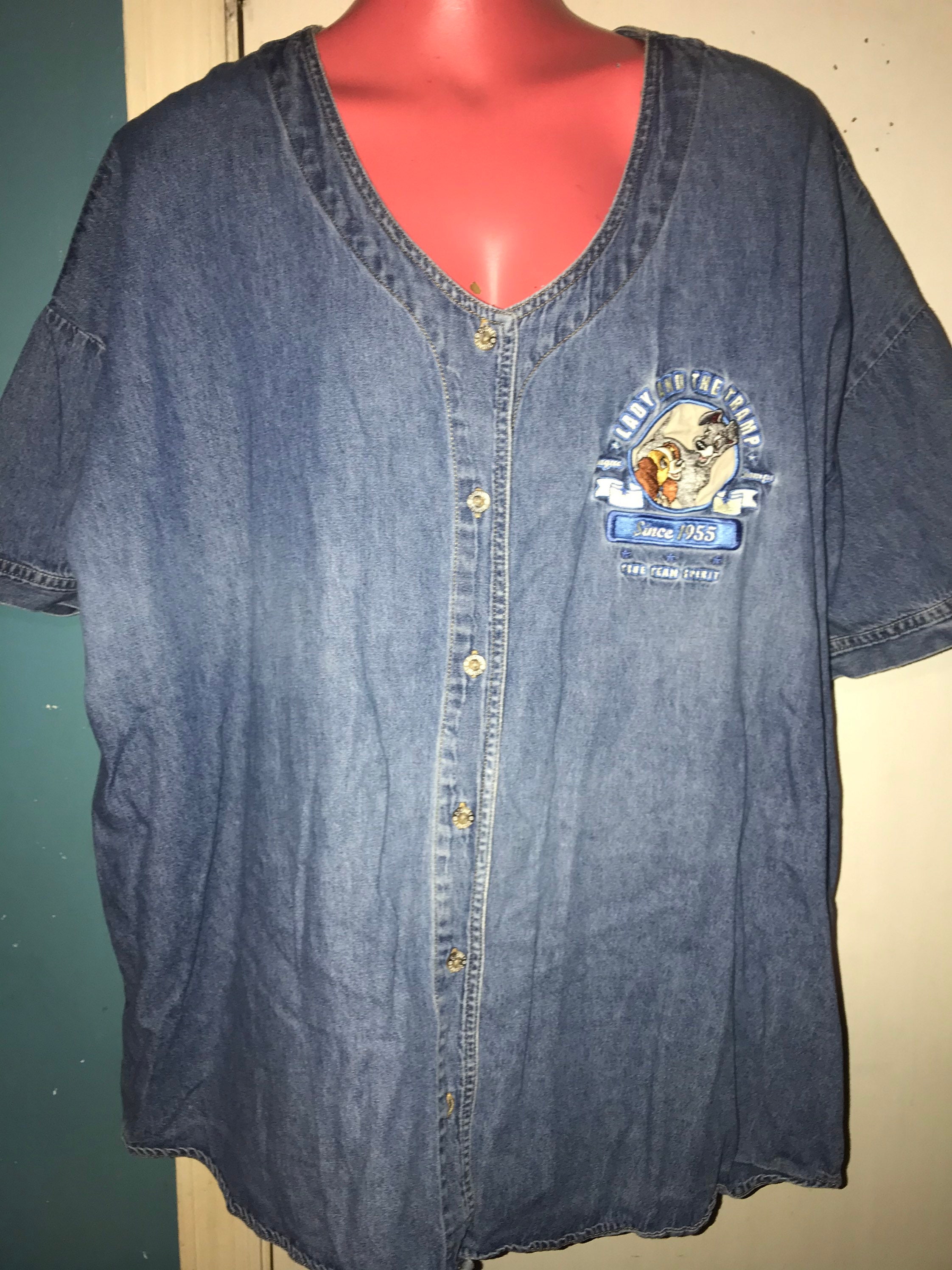 Vintage Plus Size Lady and the Tramp Blue Jean Shirt. Embroidered