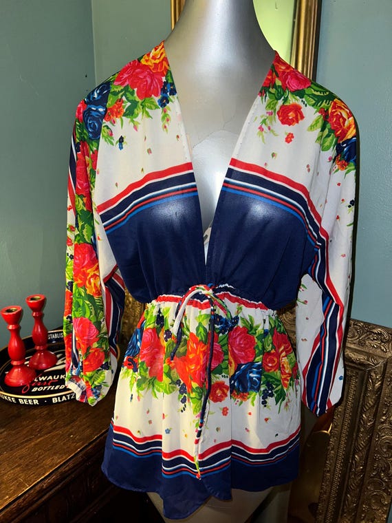 Vintage 1970's Floral Tie Shirt With Puff Sleeves.