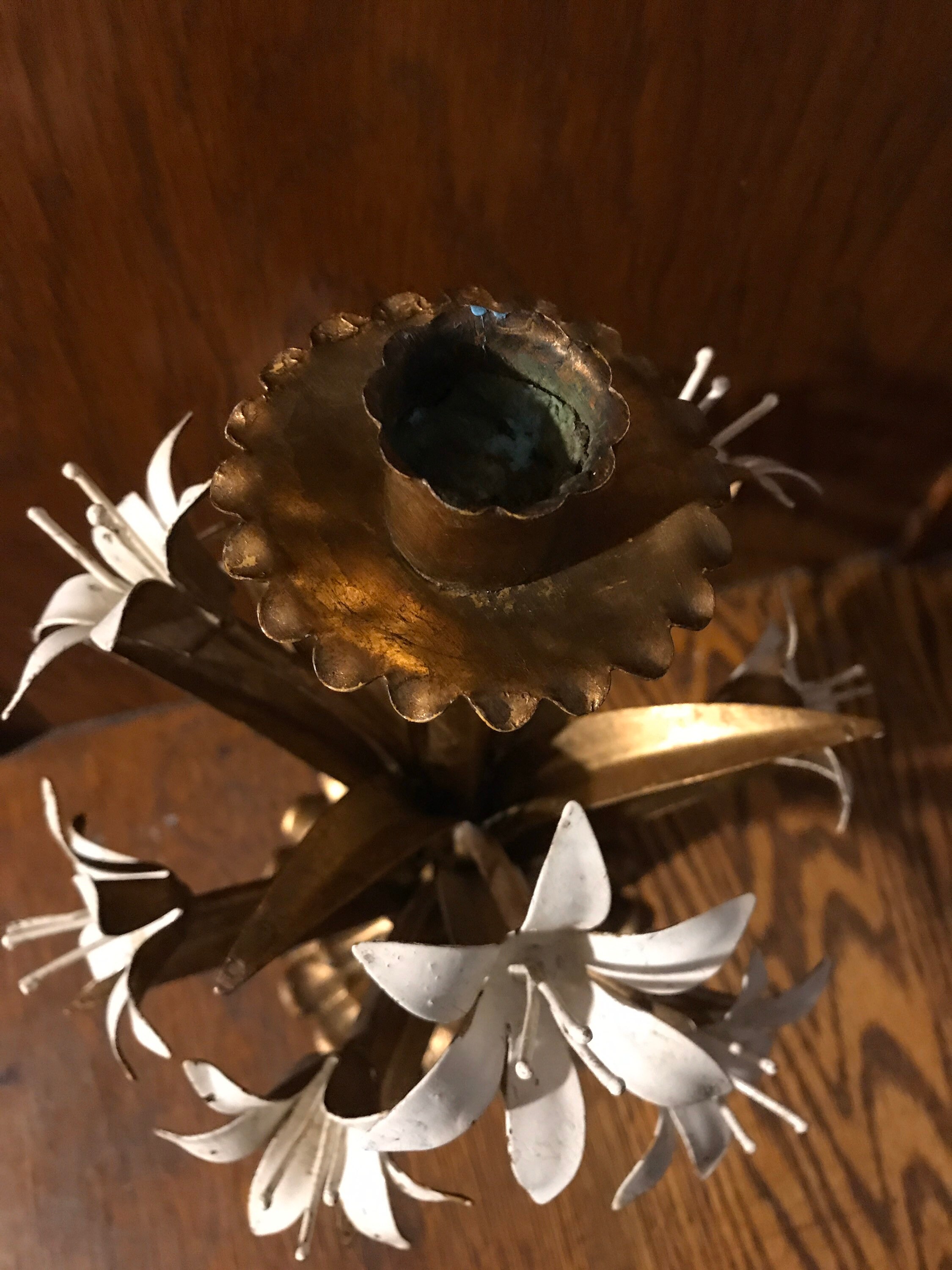 Vintage Metal Flower Candlestick Holders, Tole Floral Candlestick