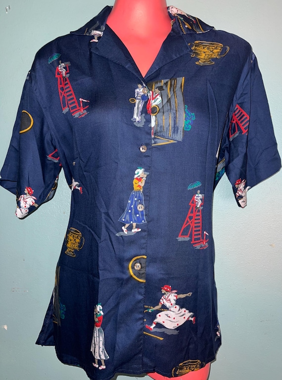 Vintage 1980’s Navy All Over Print Breeches Blouse, Size Medium