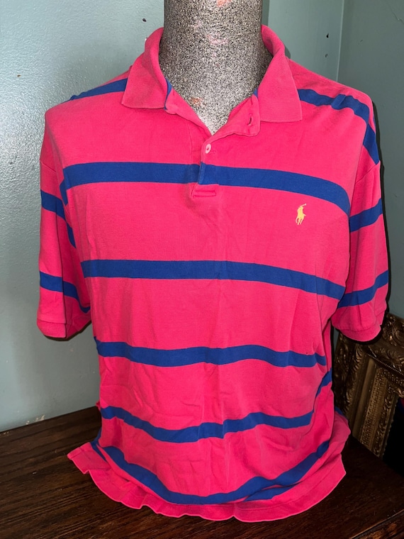 Vintage 1990’s Ralph Lauren Pink With Blue Stripes Polo Shirt, USA Made, Size XL