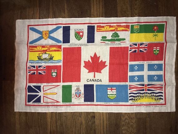 Vintage Canada Linen Tea Towel. All Linen Canada Tea Towel. Canada Flags Tea Towel.