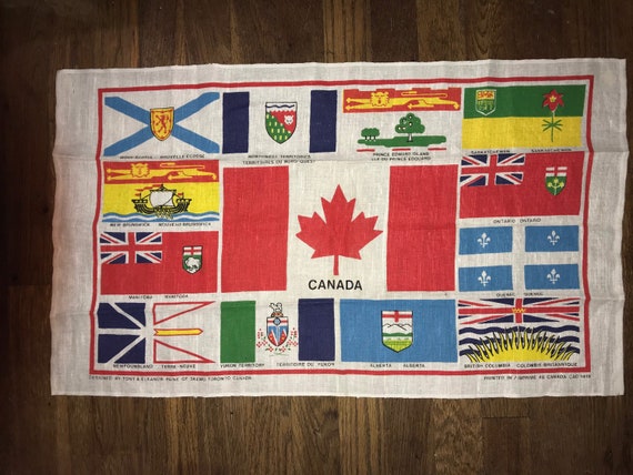 Vintage Canada Linen Tea Towel. All Linen Canada Tea Towel. Canada Flags Tea Towel.