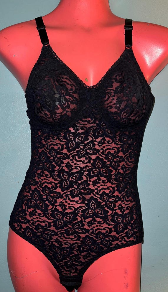 Vintage Black Bali Lace Bodysuit, Size 34C