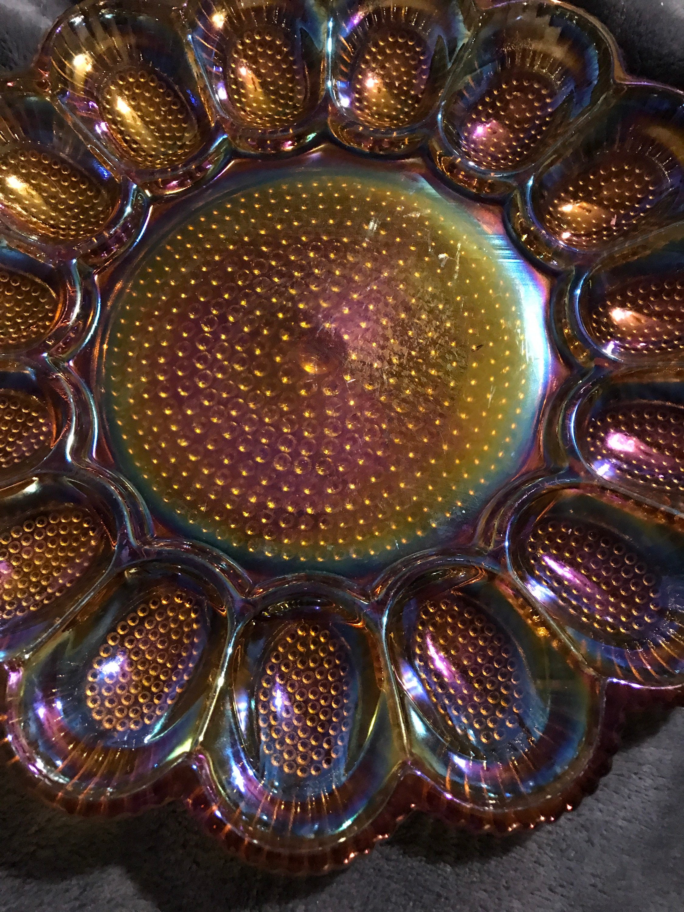 Vintage Carnival Glass Egg Plate. Iridescent Gold Deviled Egg Serving