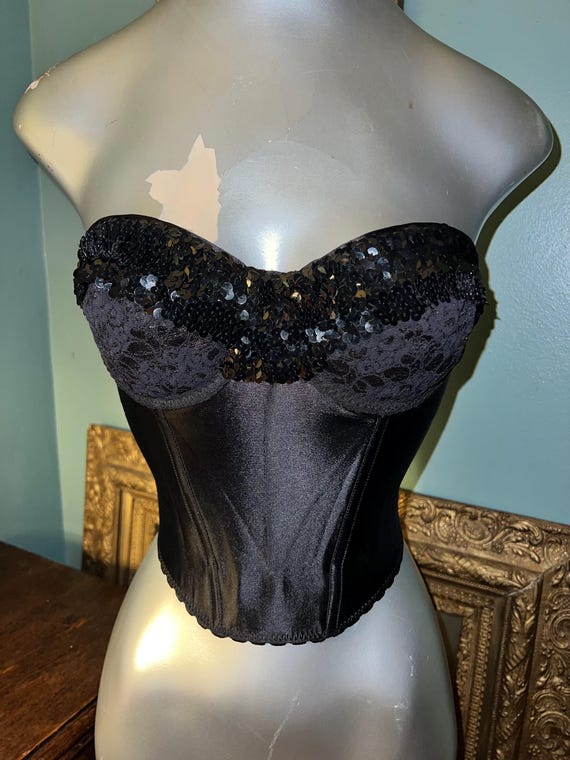 Vintage Sequin and Lace Strapless Corset Bra, Size 34C