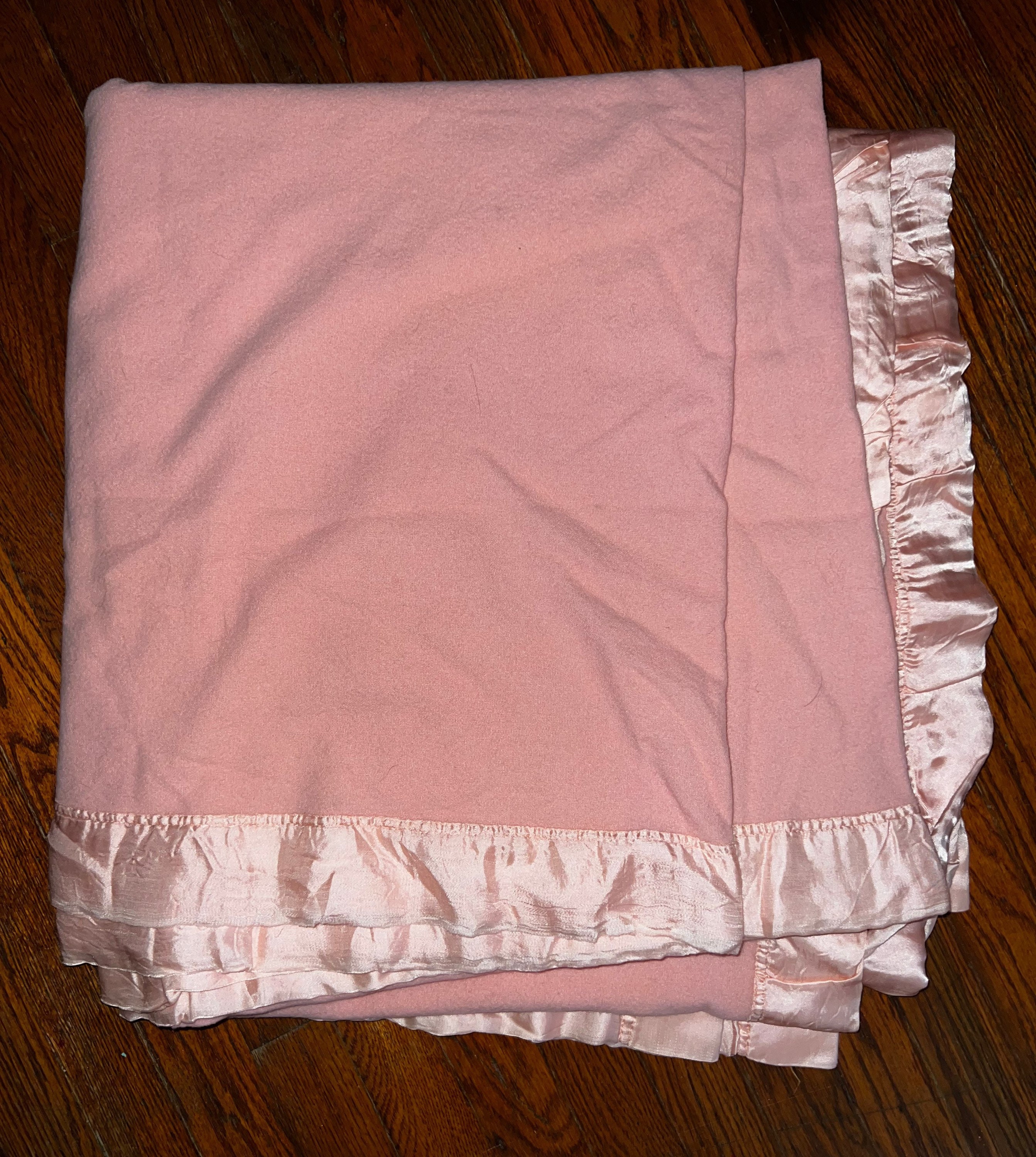 Vintage Pink Hope Chest Blanket. Pink Wool Blanket With Pink Satin Trim